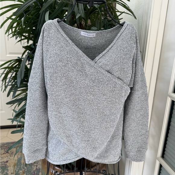 Miss Sparkling Sweaters - Heather Gray V-Neck Knit Sweater.